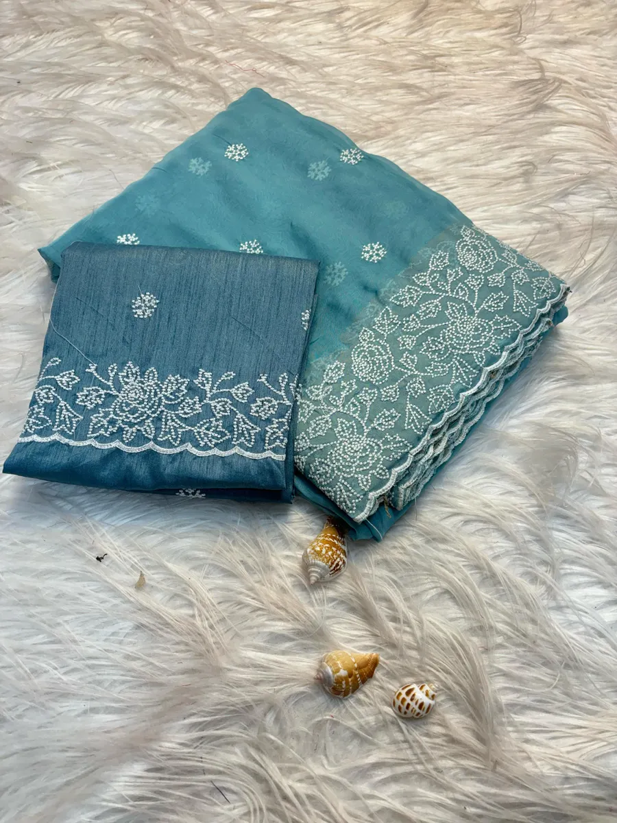 Soft Pure Tussar Silk Saree with White Thread Embroidery Work